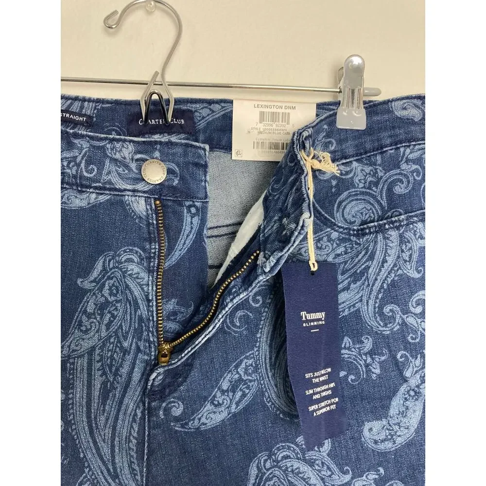 Charter Club Straight Leg Jeans 14W Plus Blue Paisley Print Lexington Stretchy - Picture 7 of 11